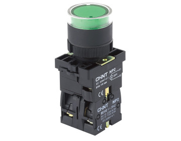 Кнопка пластиковая NP2-EW3365 1NO+1NC зеленая AC/DC230В(LED) IP40