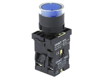 Кнопка пластиковая NP2-EW3665 1NO+1NC синяя AC/DC230В(LED) IP40